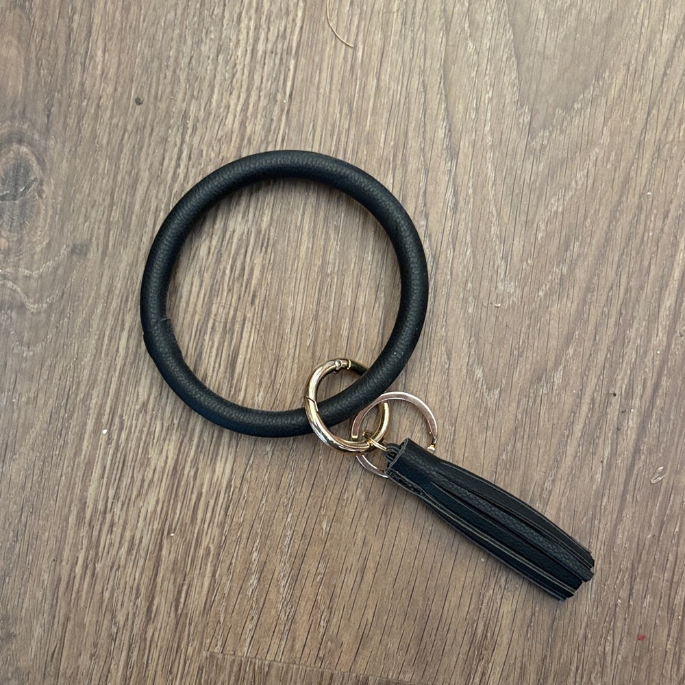 Black Faux Leather Keychain Bracelet with Tassel